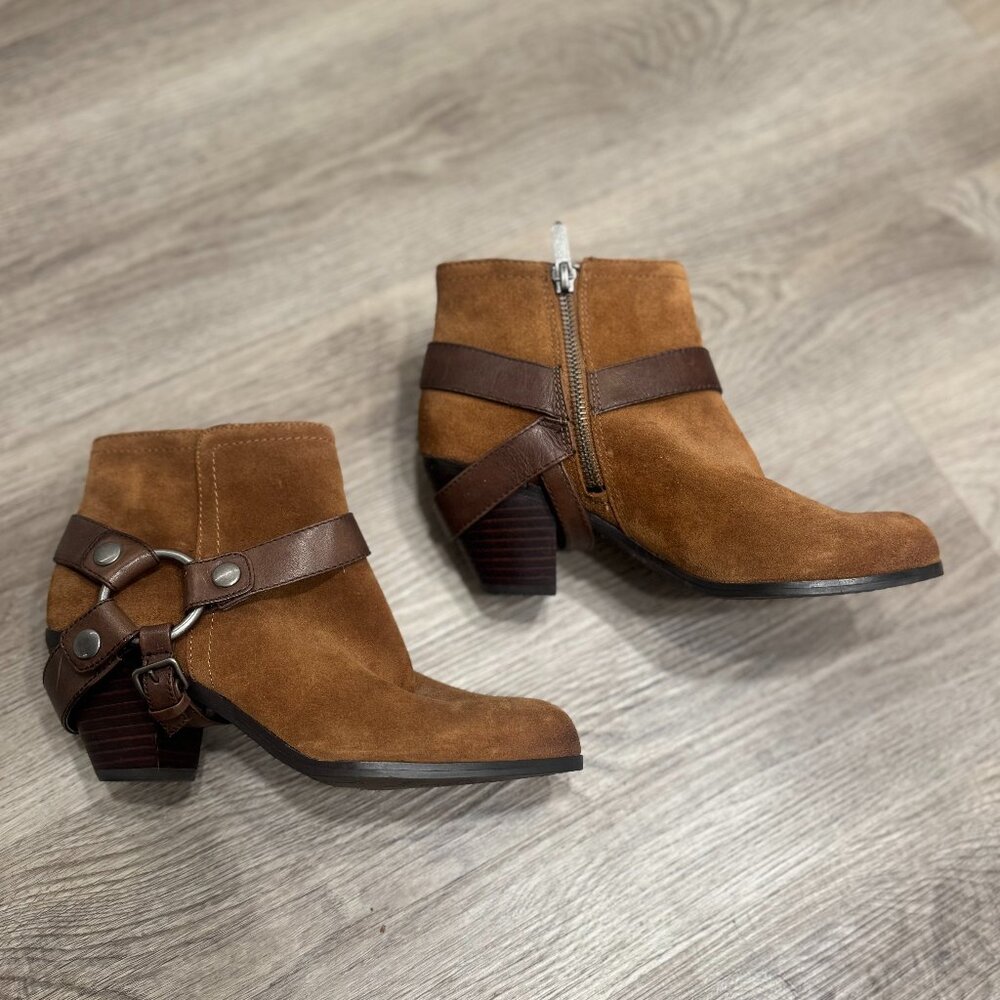 Vince Camuto Suede Carmel Booties - Women's 6.5 M with Leather Belt Detail